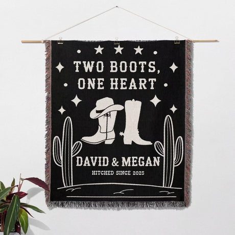 Cowboy boots wedding 2nd anniversary gift woven throw blanket as a decorative wall hanging with cowboy boots and cacti design, featuring text.