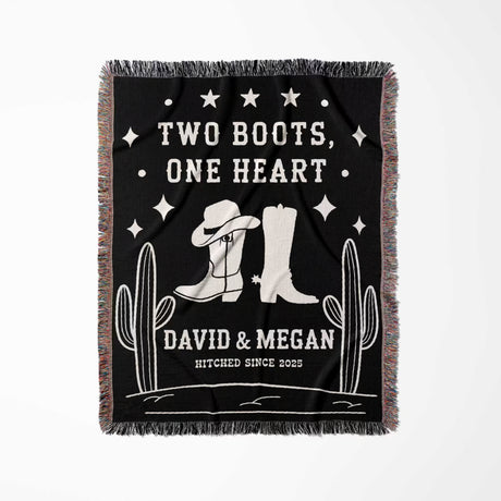 Cowboy boots wedding 2nd anniversary gift woven throw blanket full view with cowboy boots, cacti, and personalized text on a white background
