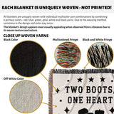 Text and close-up images of woven yarns with a cowboy boots wedding cotton anniversary gift woven throw blanket featuring 'Two Boots, One Heart' text.