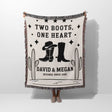 Cowboy boots wedding cotton anniversary gift woven throw blanket held by a person with cowboy boots and text on a white background