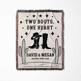 Cowboy boots wedding cotton anniversary gift woven throw blanket full view with cowboy boots, cactus, and text on a white background