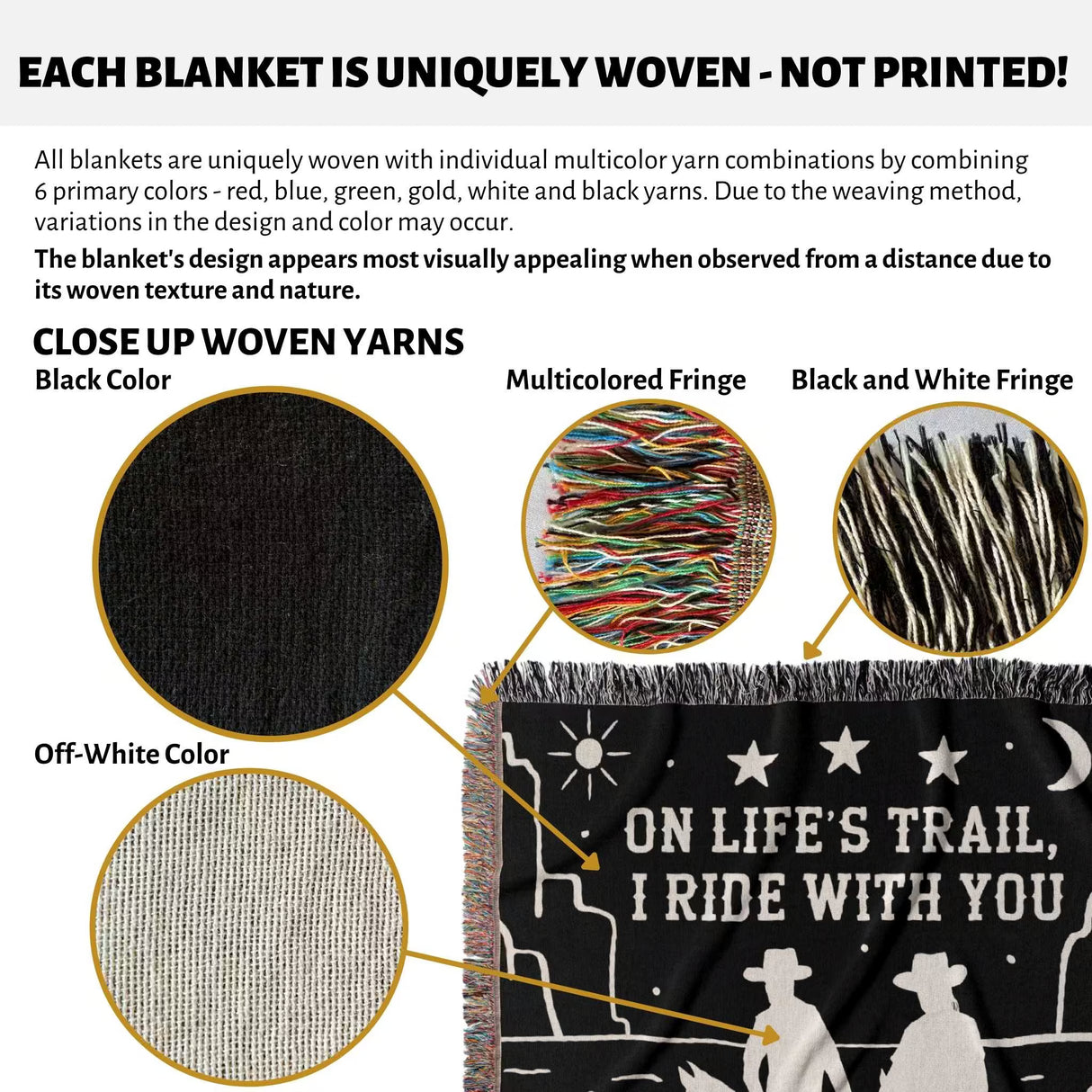 Blanket with text 'On Life's Trail, I Ride With You' featuring cowboy and cowgirl 2nd anniversary gift woven throw blanket yarns close-ups and multicolored fringe.