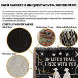 Blanket with text 'On Life's Trail, I Ride With You' featuring cowboy and cowgirl 2nd anniversary gift woven throw blanket yarns close-ups and multicolored fringe.