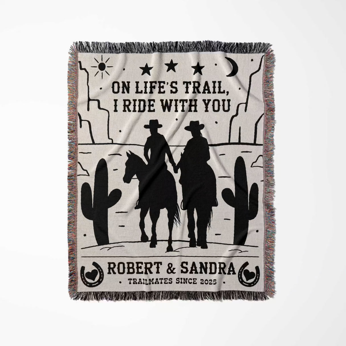 Cowboy and cowgirl cotton anniversary gift woven throw blanket full view with cowboy design and text on a white background