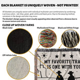 Textile product with woven yarns and a cowboy and cowgirl couple cotton anniversary gift woven throw blanket featuring text and graphics.