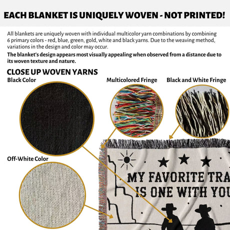 Textile product with woven yarns and a cowboy and cowgirl couple cotton anniversary gift woven throw blanket featuring text and graphics.