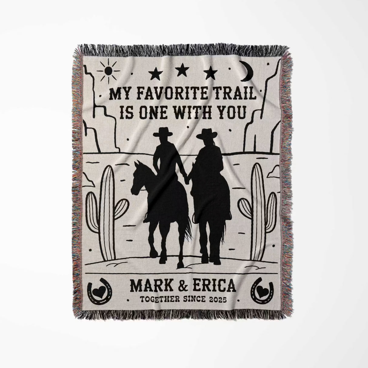 Cowboy and cowgirl couple cotton anniversary gift woven throw blanket full view with cowboy design and text on a white background