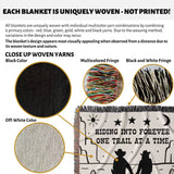 Cowboy and cowgirl western cotton anniversary gift woven throw blanket custom with text and images, showing close-up details of yarns and fringes.