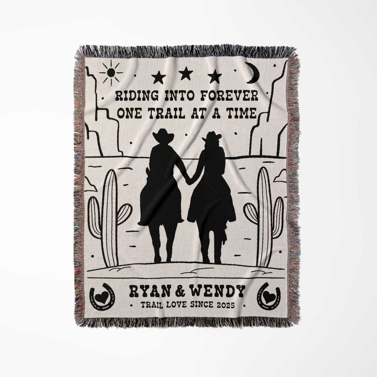 Cowboy and cowgirl western cotton anniversary gift woven throw blanket full view with western design and text on a white background