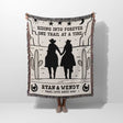 Cowboy and cowgirl western cotton anniversary gift woven throw blanket with cowboy design and text, held by a person on a white background