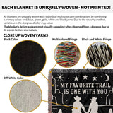 Cowboy and cowgirl on two horses 2nd anniversary gift woven throw blanket with text 'My Favorite Trail is One with You' featuring close-up details of woven yarns and fringes.