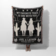 Cowboy and cowgirl on two horses 2nd anniversary gift woven throw blanket with desert-themed design and text, held by a person on a white background