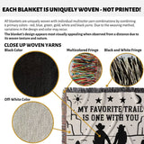 Text and close-up images of woven yarns with a cowboy and cowgirl on two horses cotton anniversary gift woven throw blanket design featuring text and silhouettes.