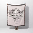 Custom family name blanket with 'The Tompson Family' design held by a person on a white background