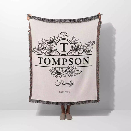Custom family name blanket with 'The Tompson Family' design held by a person on a white background