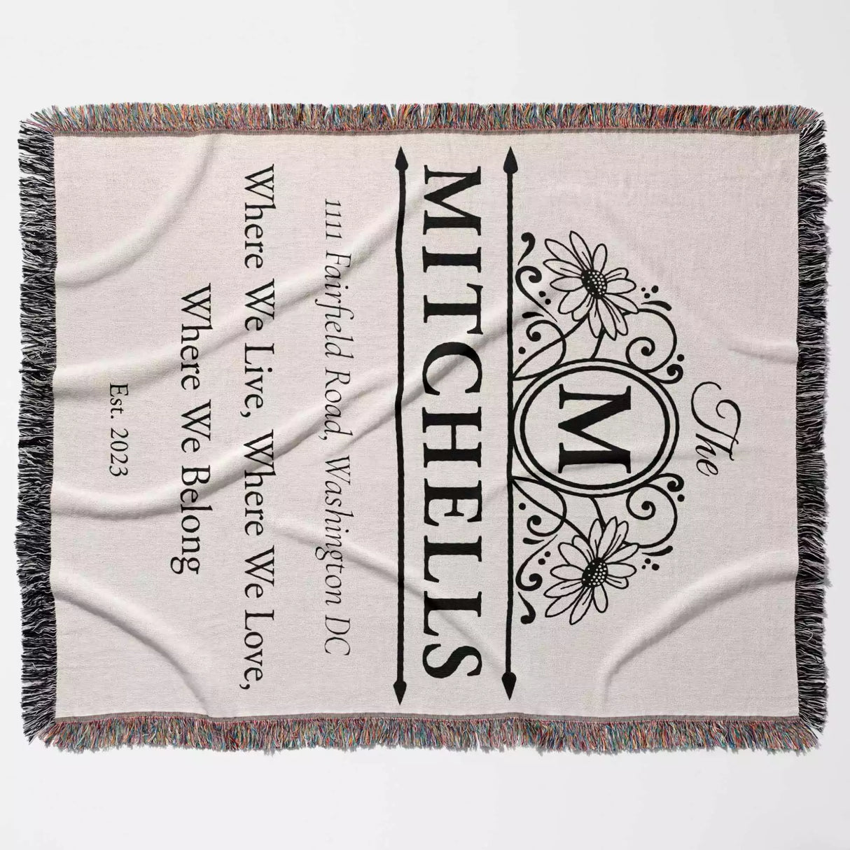 Custom family name and address blanket with 'MITCHELLS' and floral design full view on a light background