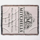 Custom family name and address blanket with 'MITCHELLS' and floral design full view on a light background