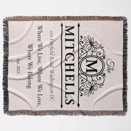 Custom family name and address blanket with 'MITCHELLS' and floral design full view on a light background