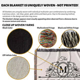 Product description of custom family name and address blanket with close-up details and color options.