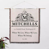 Custom family name and address blanket wall hanging with 'The Mitchells' family name and address on a light background.