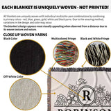 Text and images explaining woven blankets with unique yarn combinations, close-up views of yarns, and a branded custom last name cotton blanket.