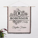 Custom last name cotton blanket wall hanging 'The Robinson Family Together Forever' text on a white background