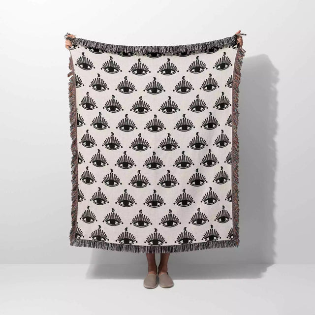 Evil Eye Black and White Woven Throw Blanket - DesignerOllie.com