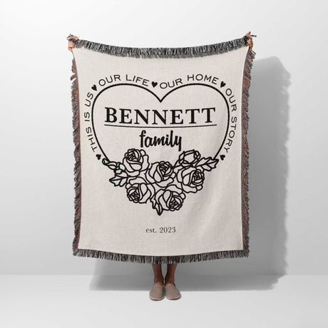 Family name personalized woven throw blanket gift for spouse with 'Bennett family' design held by a person on a white background