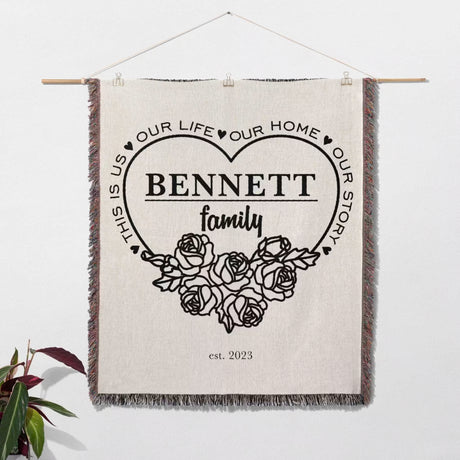 Family name personalized woven throw blanket gift for spouse as a wall hanging with 'BENNETT family' text and floral design on a white background.
