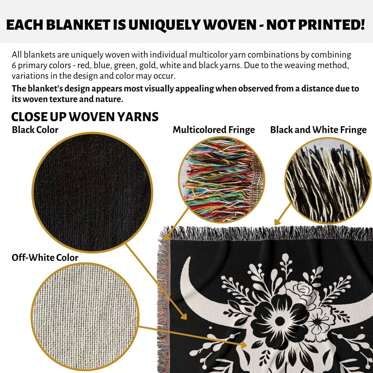 Product description of floral cow skull 2nd anniversary gift woven throw blanket with close-up details and color options.