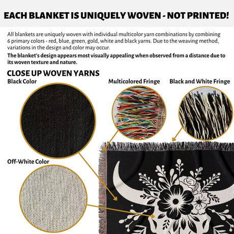 Product description of floral cow skull 2nd anniversary gift woven throw blanket with close-up details and color options.