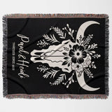 Floral cow skull 2nd anniversary gift woven throw blanket flat lay with white floral design and text on a white background