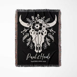 Floral cow skull 2nd anniversary gift woven throw blanket full view with white bull skull design and custom text 'Paul & Heidi Together Since 2023' on a white background