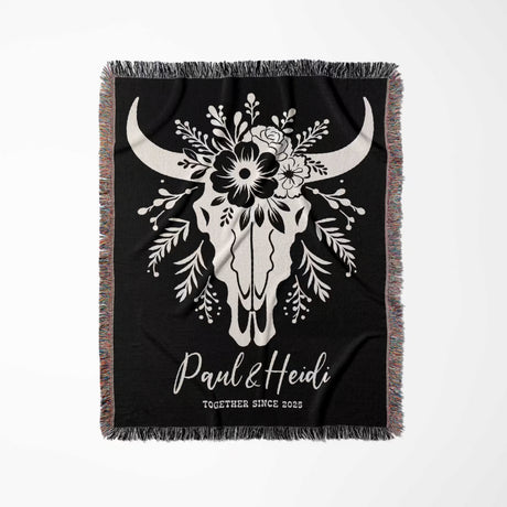 Floral cow skull 2nd anniversary gift woven throw blanket full view with white bull skull design and custom text 'Paul & Heidi Together Since 2023' on a white background