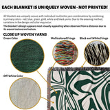 Product description of forest green marble woven throw blanket for couch with close-up details and color options.