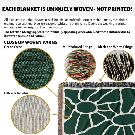 Text and close-up images of forest green Matisse tapestry throw blanket for couch with green color, multicolored fringe, and black and white fringe.