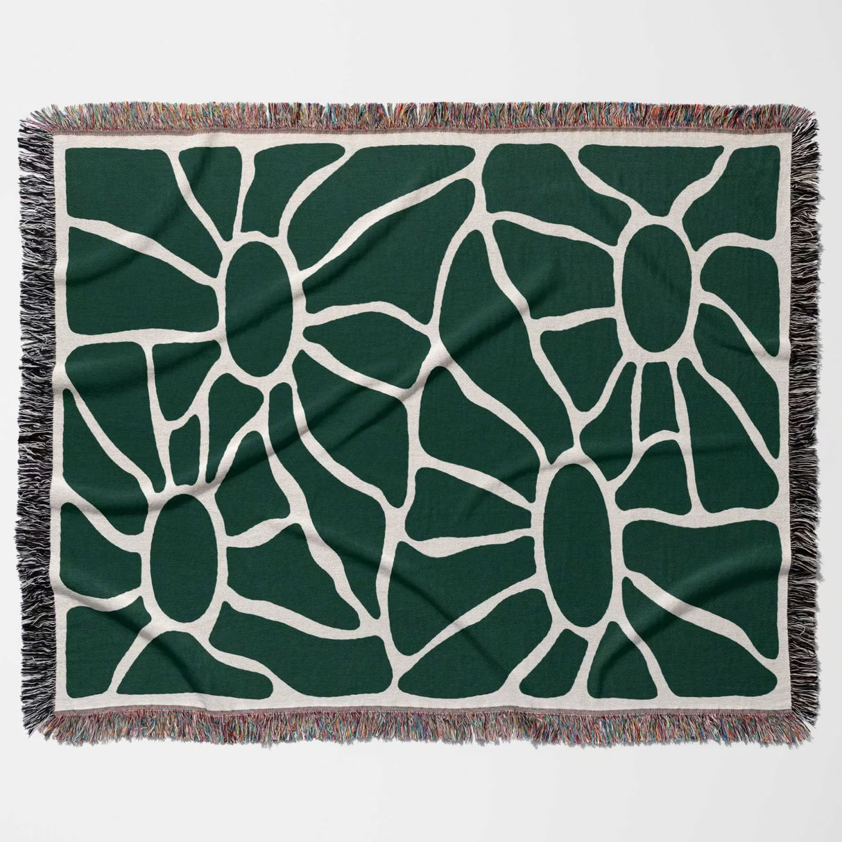 Forest green Matisse tapestry throw blanket for couch with fringe horizontally flat on a white background