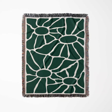 Forest green Matisse tapestry throw blanket for couch with fringe on a white background