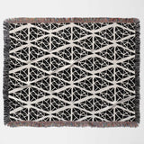 Geometric patterned woven blanket throw tapestry with black and white design flat lay on a plain background