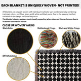 Textile black and white geometric square patterned woven blanket throw with woven yarns and fringes, highlighting unique weaving process.