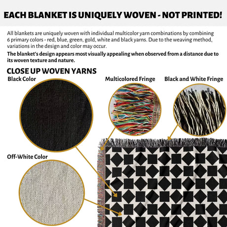 Textile black and white geometric square patterned woven blanket throw with woven yarns and fringes, highlighting unique weaving process.