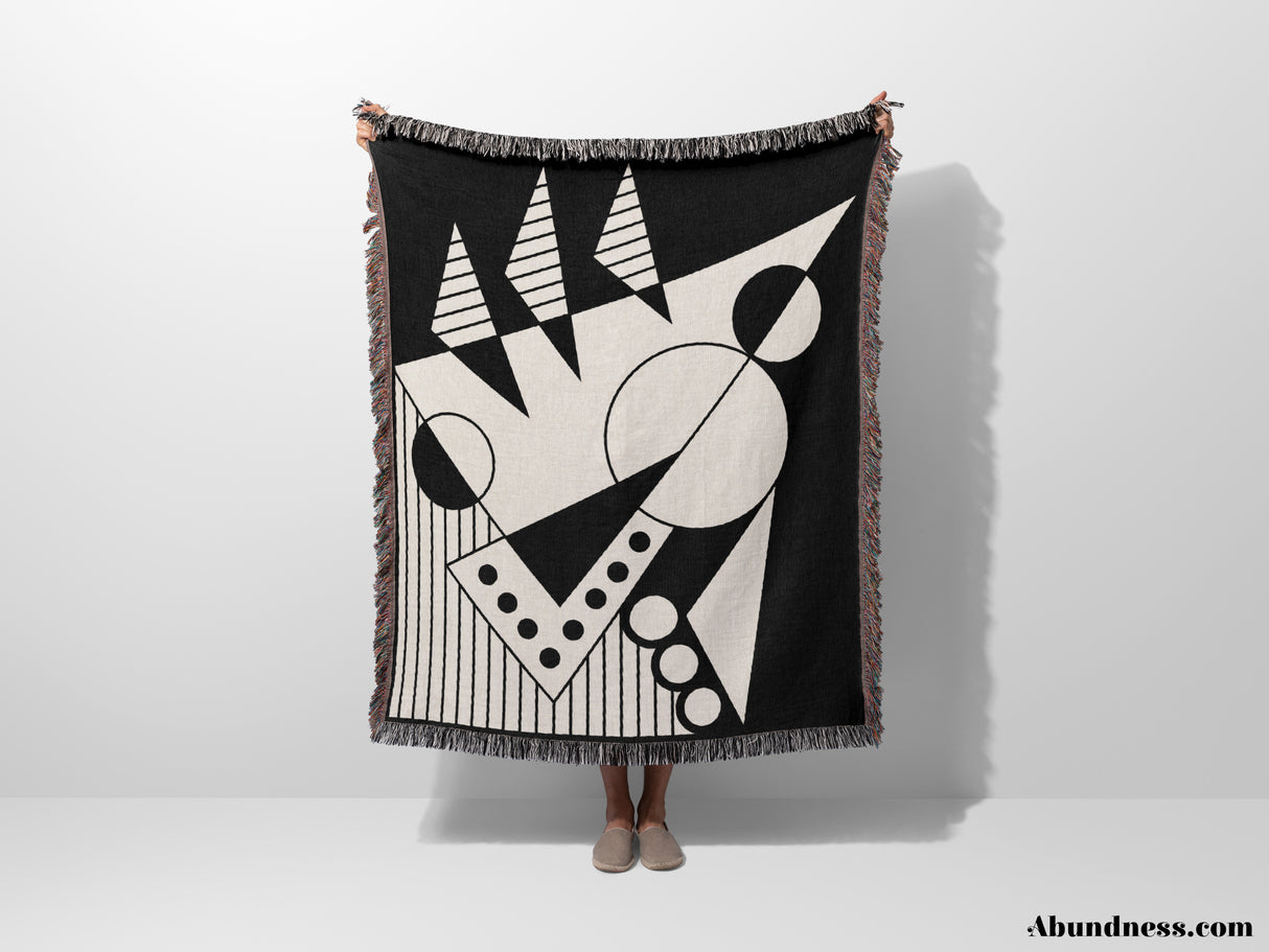 Geometric Design Black and White Woven Throw Blanket