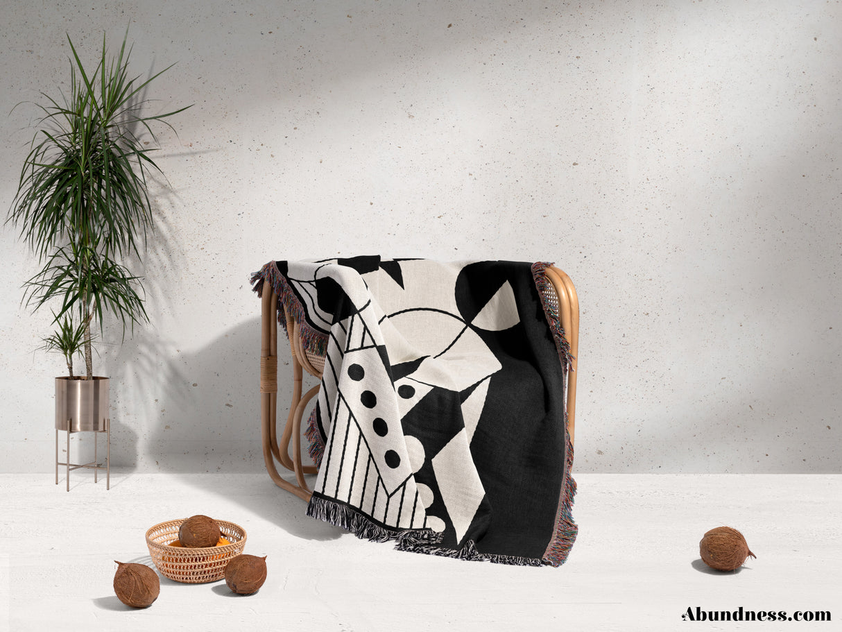 Geometric Design Black and White Woven Throw Blanket