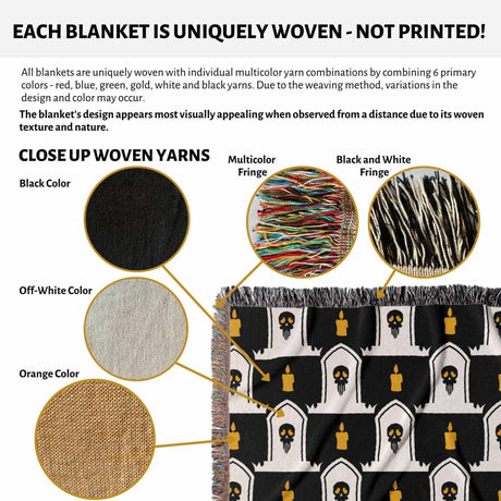 Product description of a uniquely woven blanket with color and texture details.