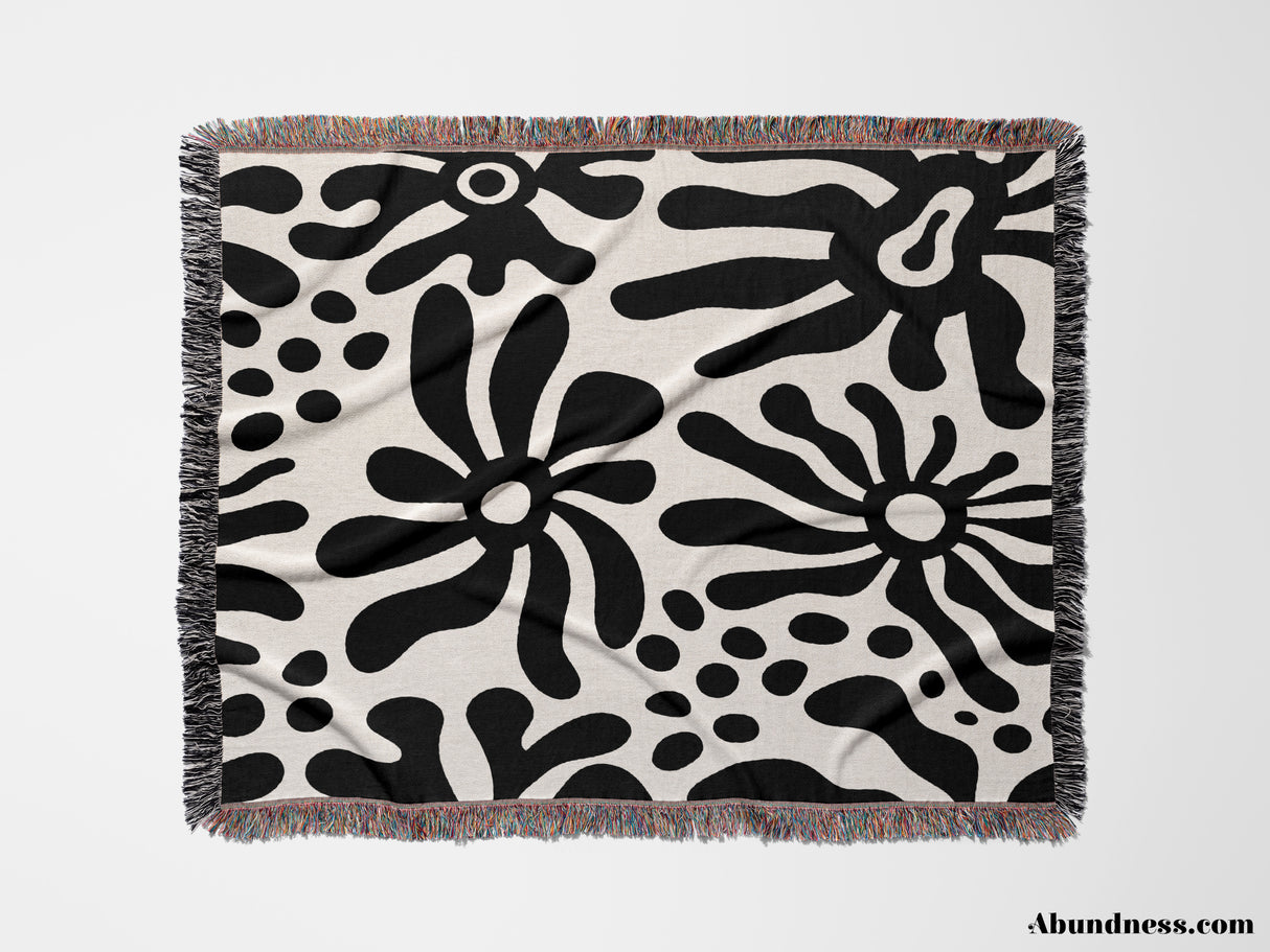 Groovy Corals Black and White Woven Throw Blanket and Tapestry