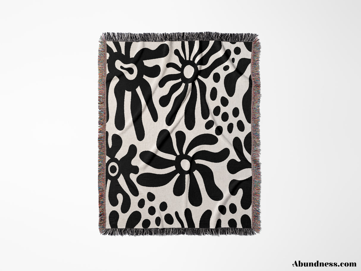 Groovy Corals Black and White Woven Throw Blanket and Tapestry