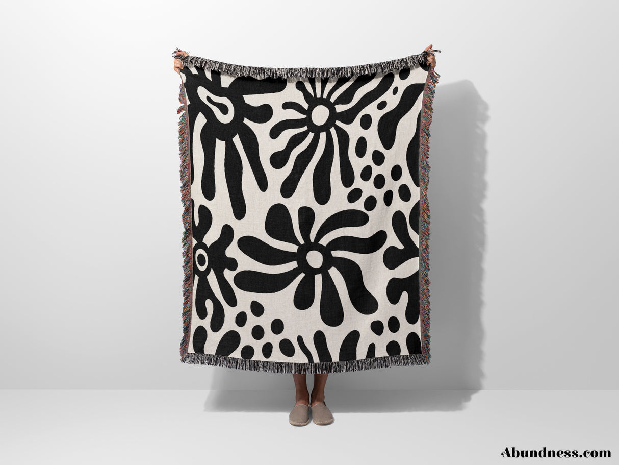 Groovy Corals Black and White Woven Throw Blanket and Tapestry