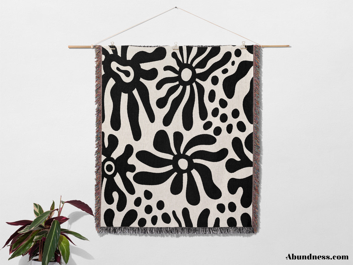 Groovy Corals Black and White Woven Throw Blanket and Tapestry