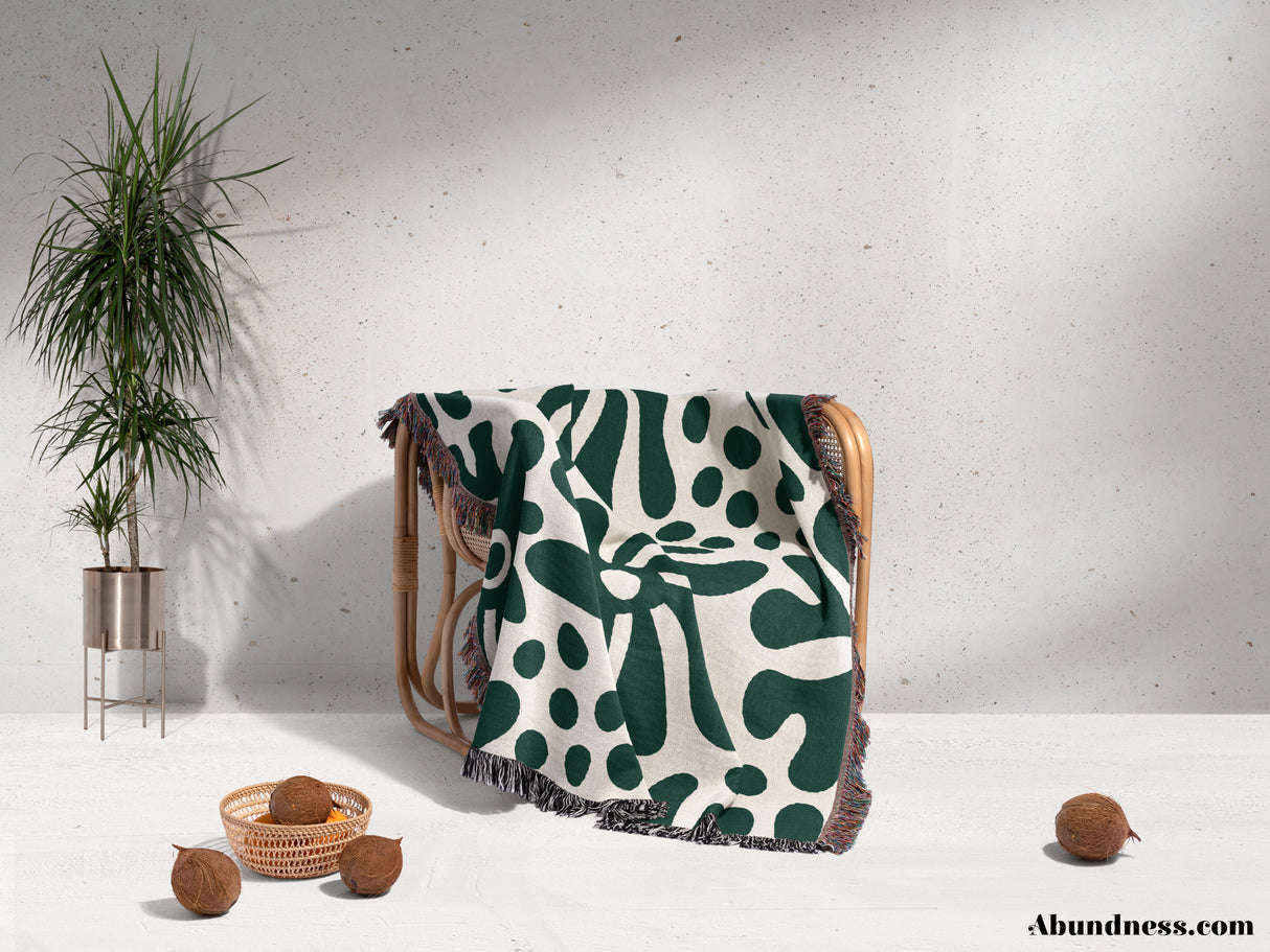 Groovy Corals Forest Green Woven Throw Blanket and Tapestry