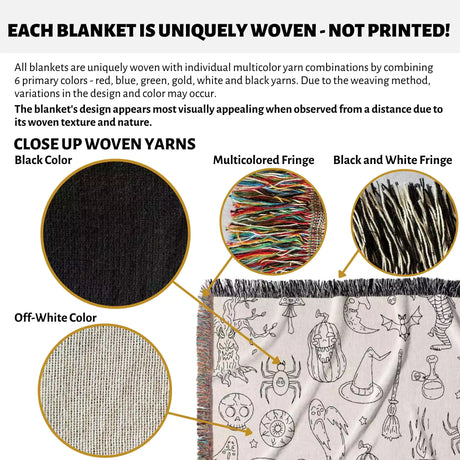 Halloween Black and White Line Art Woven Throw Blanket and Tapestry - DesignerOllie.com